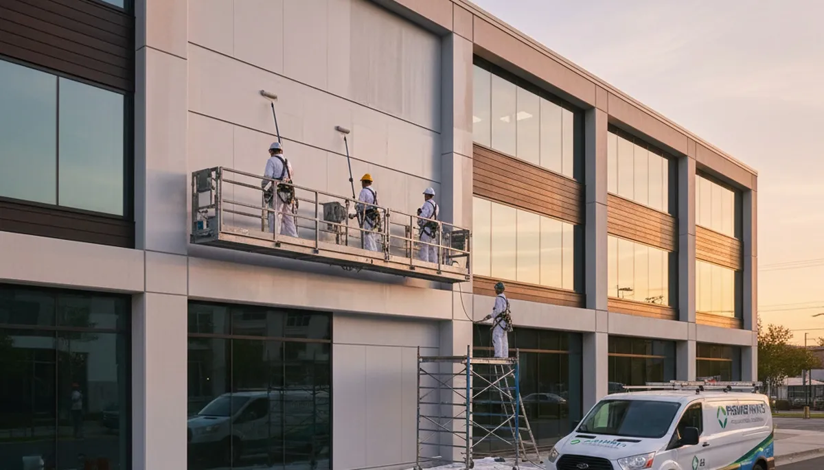 Professional commercial painters coating office exterior in Greenville, NC for durable business finish