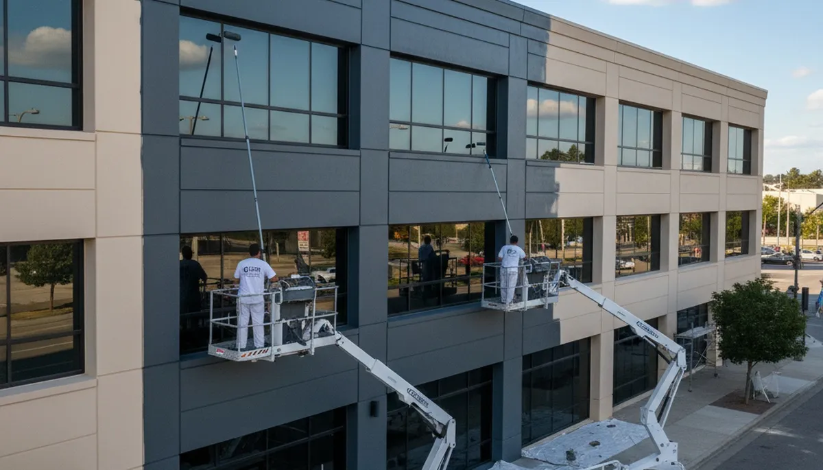 Professional commercial painters in Greenville NC applying durable coatings to business exterior