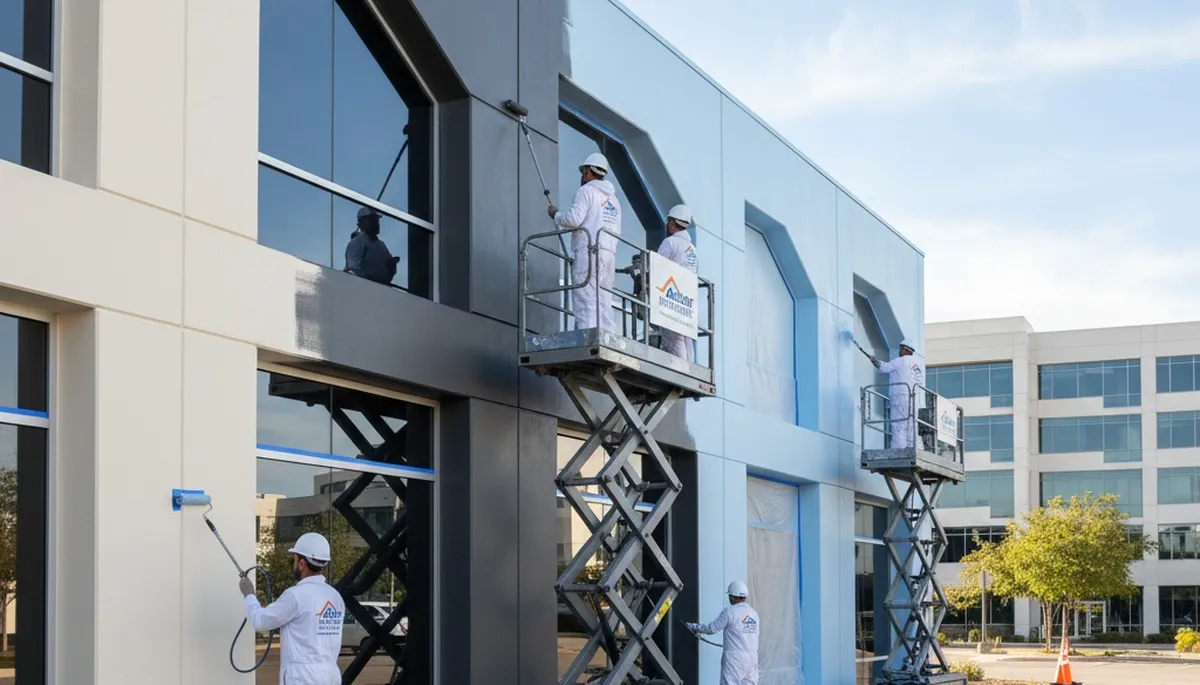 Professional commercial painters working on office exterior in Greenville, NC
