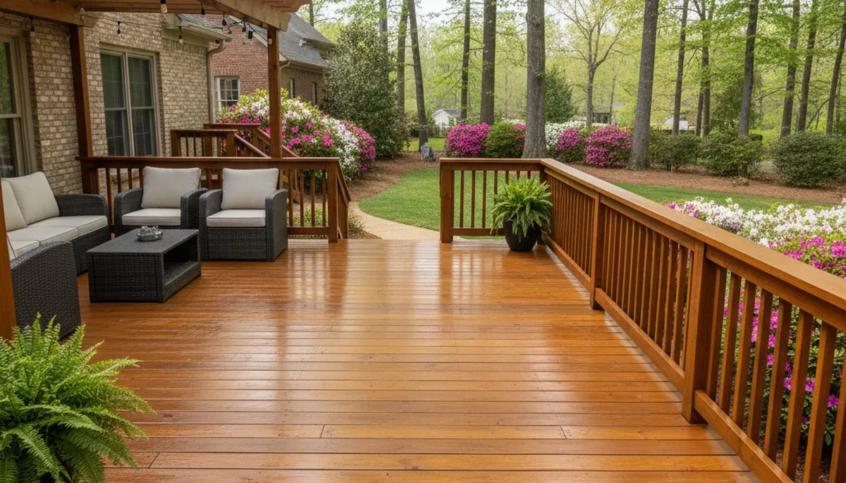 Finished deck staining in Greenville, NC showcasing smooth wood finish and weather-resistant protection