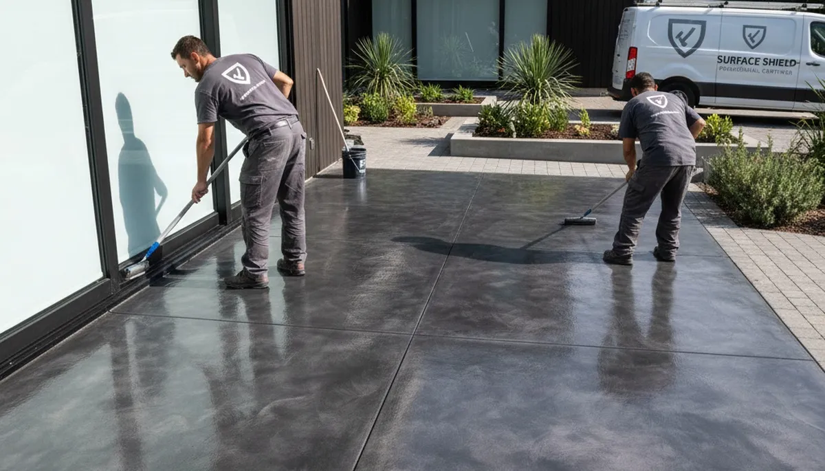Professional concrete staining on residential patio in Greenville, NC by expert painting contractors