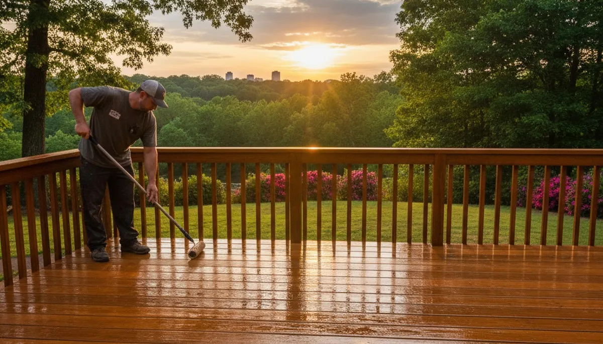 Professional deck staining in Greenville NC protecting wood decks with durable UV and moisture-resistant finish