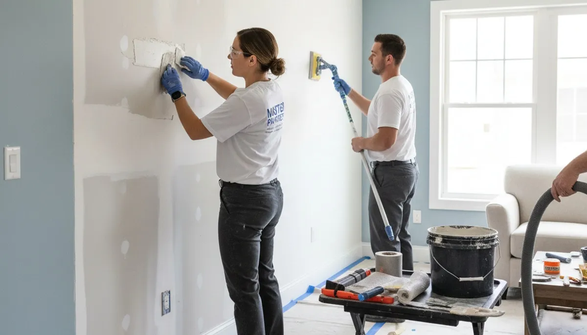 Technician performing drywall repair and wall restoration in Greenville, NC home interior