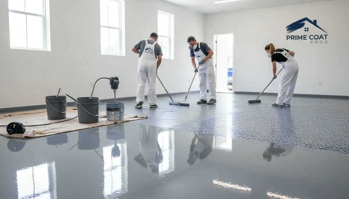 Epoxy floor coating application by professional painters in Greenville, NC garage workspace