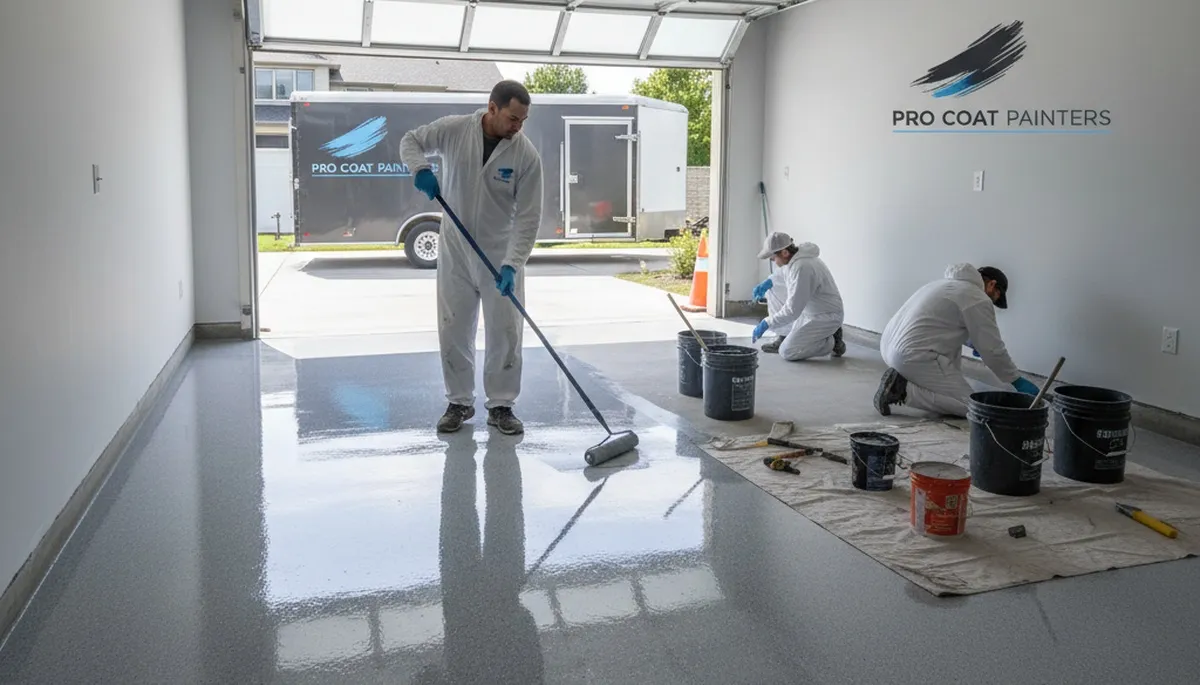 Epoxy garage floor coating application by professional painters in Greenville, NC for durable finish