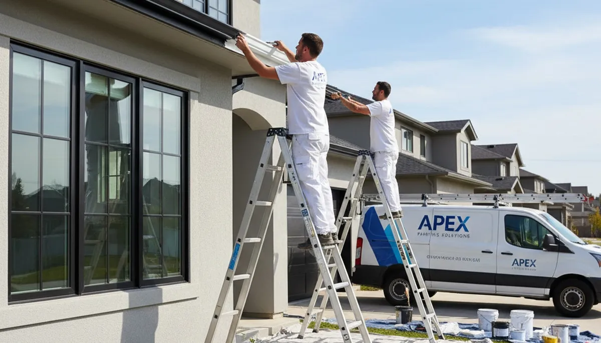 Professional painters applying durable gutter paint on a Greenville NC home exterior