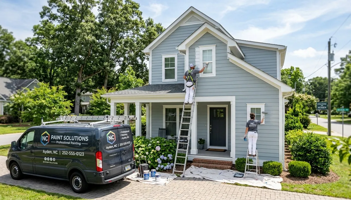 Professional house painters working on exterior home in Greenville NC