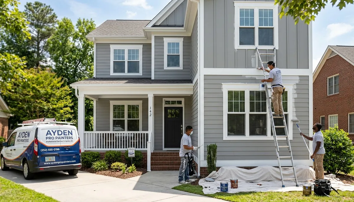 Professional house painters finishing exterior home project in Greenville NC