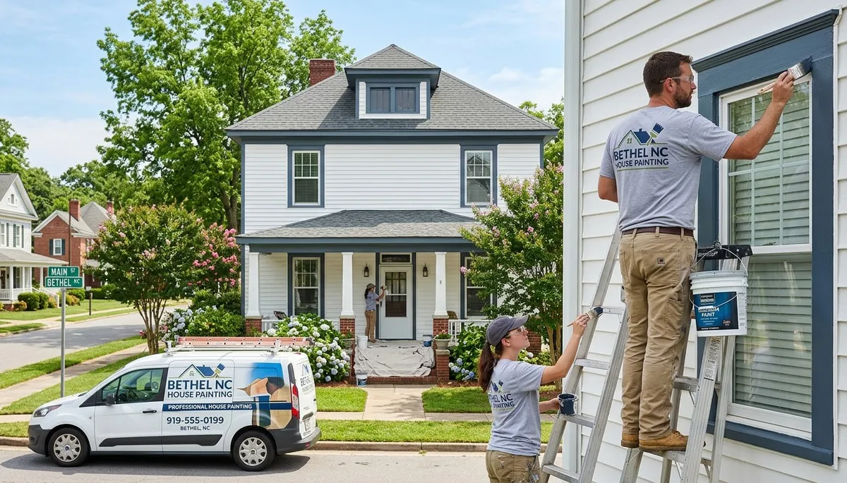 Professional house painters working on home exterior in Greenville, NC