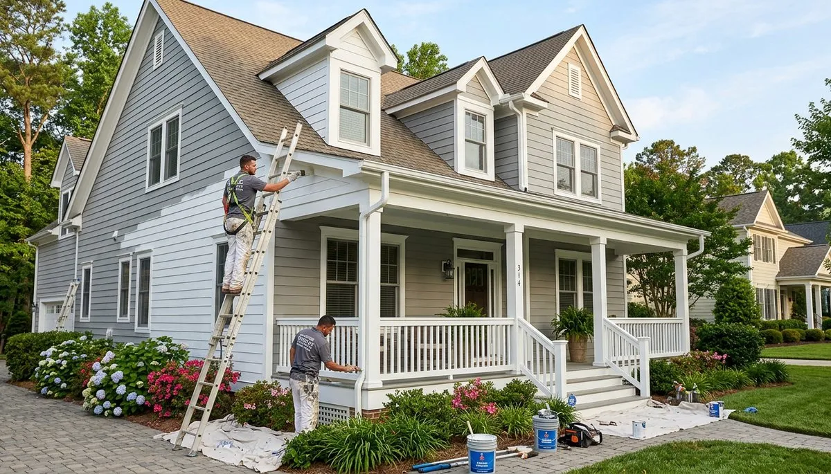 Professional house painters in Greenville NC applying exterior paint on a residential home