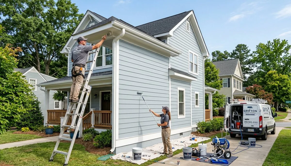 Professional house painters working on exterior home in Greenville NC