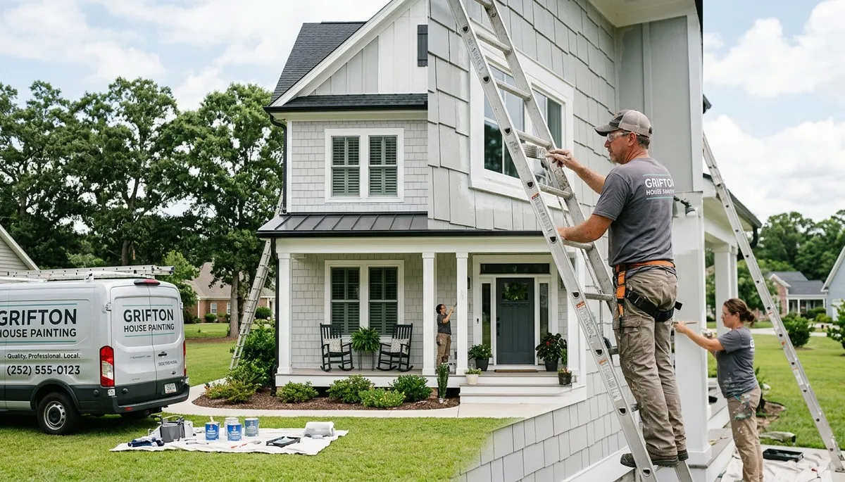 Professional house painters working on exterior home in Greenville NC
