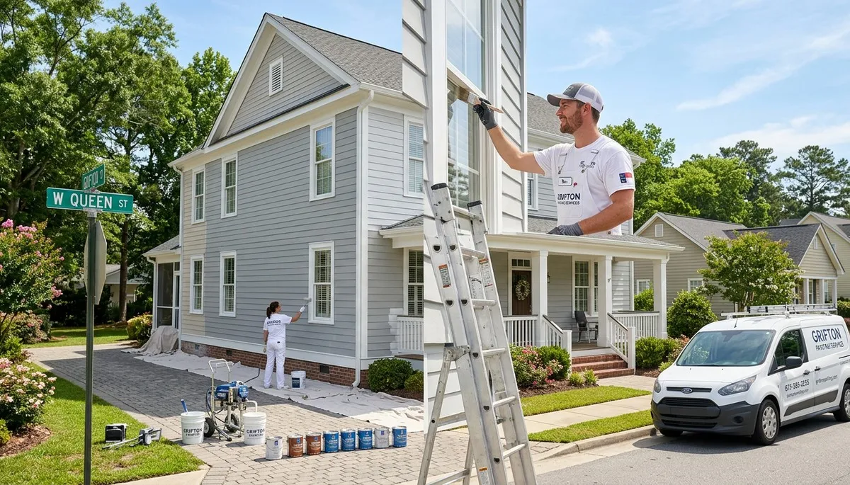 Professional house painters working on residential exterior in Greenville, NC