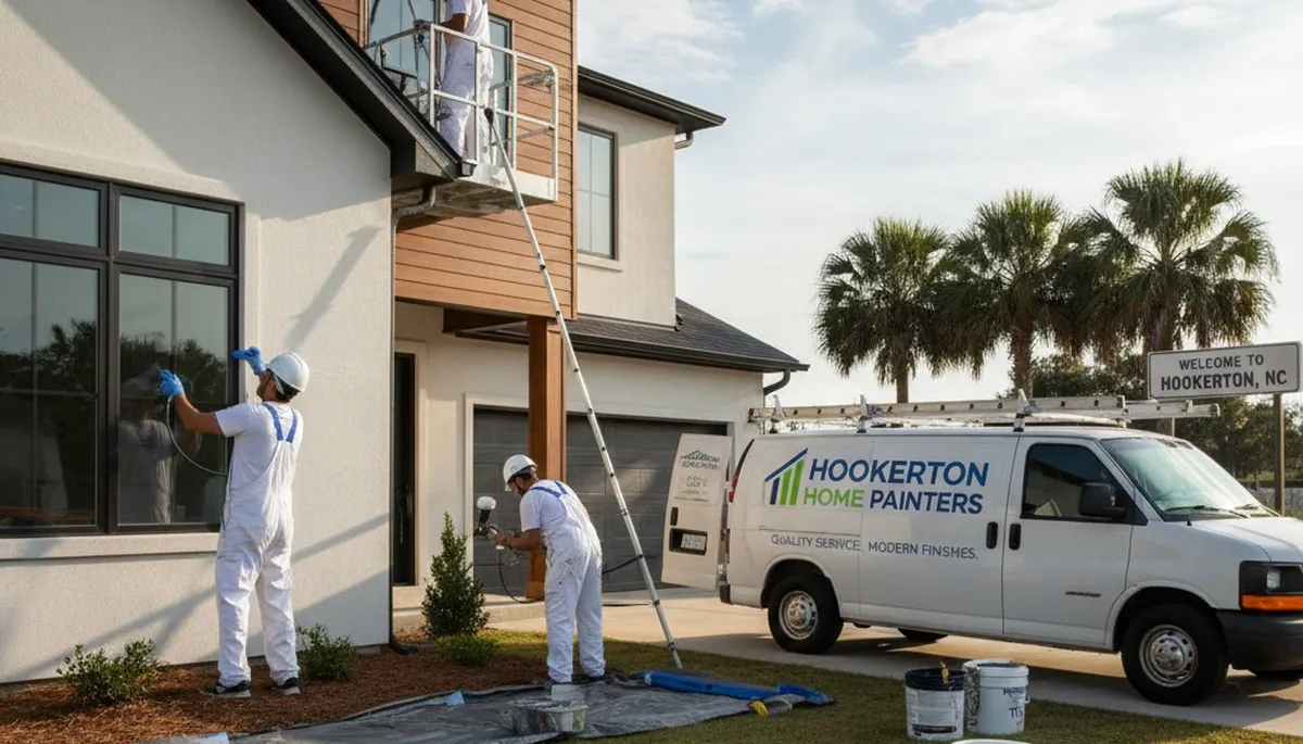 House painters in Greenville, NC painting a home exterior for a professional finish