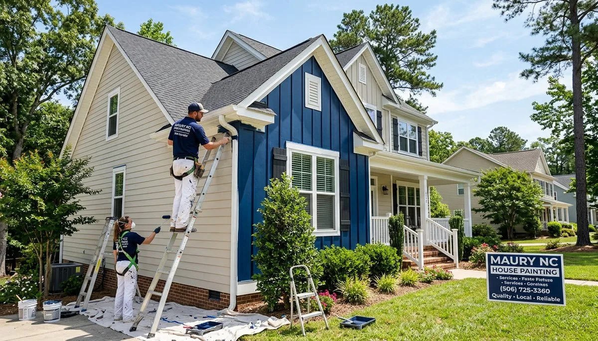 Professional house painters finishing exterior home in Greenville NC