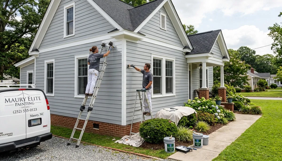Professional house painters adding fresh exterior color to a home in Greenville, NC