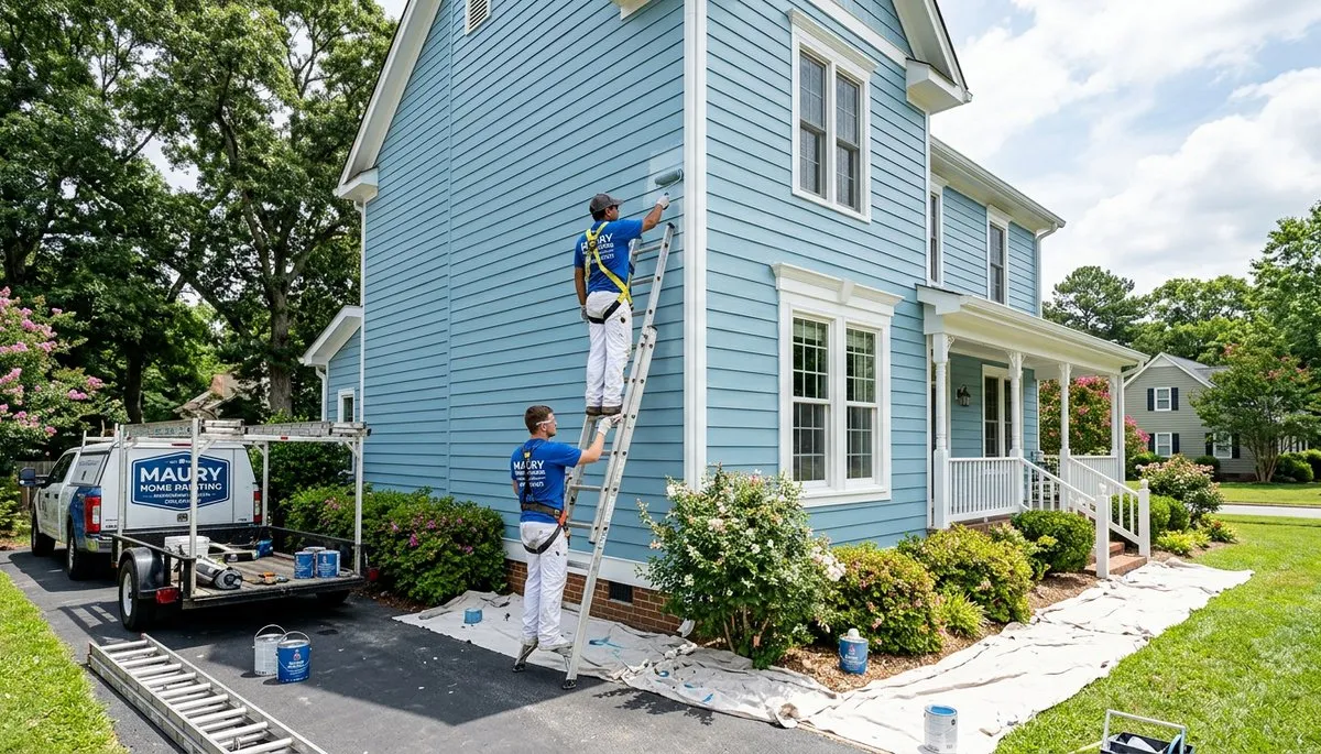 Professional house painters working on exterior home in Greenville, NC