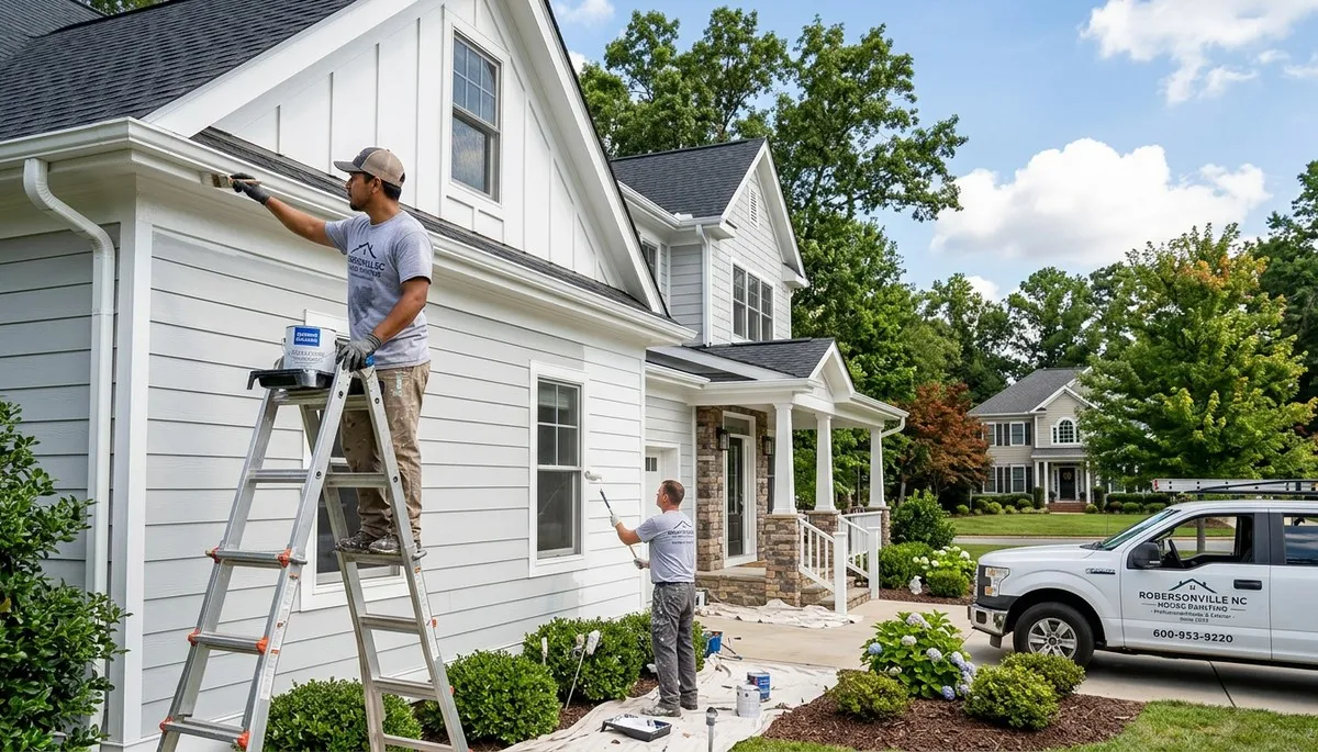 Professional house painters working on home exterior in Greenville, NC