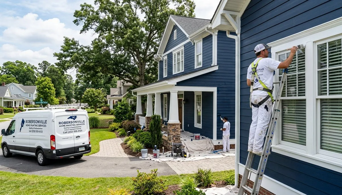 Professional house painters working on exterior home repaint in Greenville, NC