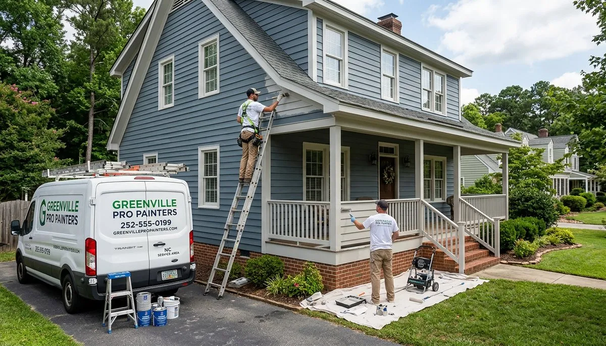 Professional house painters finishing exterior home in Greenville, NC