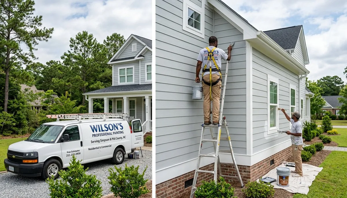 Professional house painters working on a residential exterior in Greenville, NC