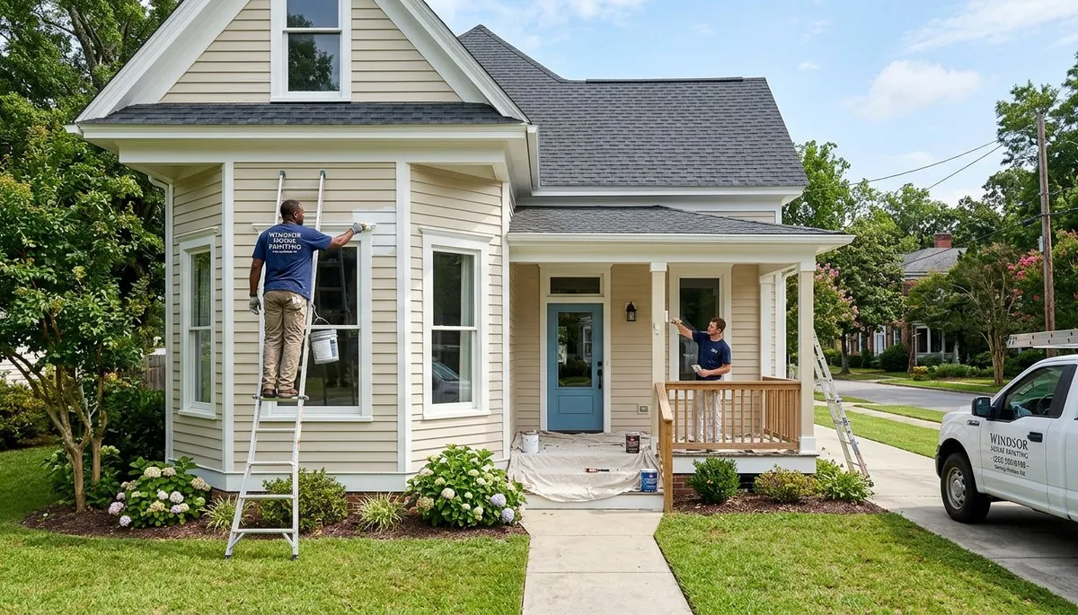 Professional house painters working on exterior home in Greenville, NC