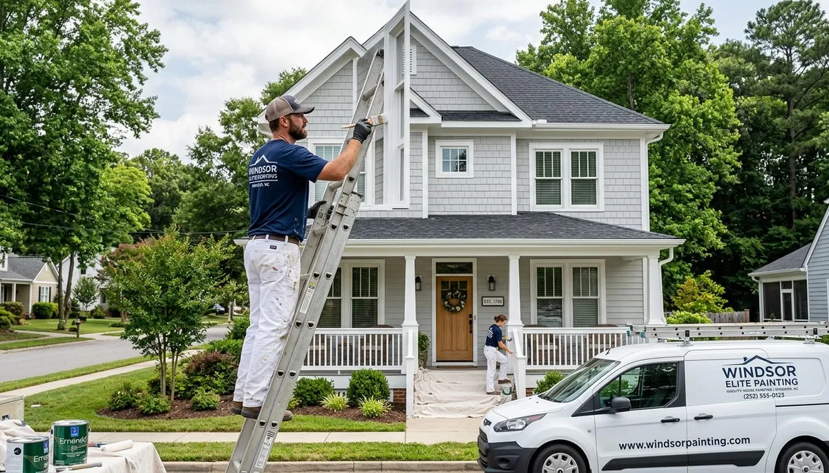 Professional house painters working on residential exterior in Greenville, NC