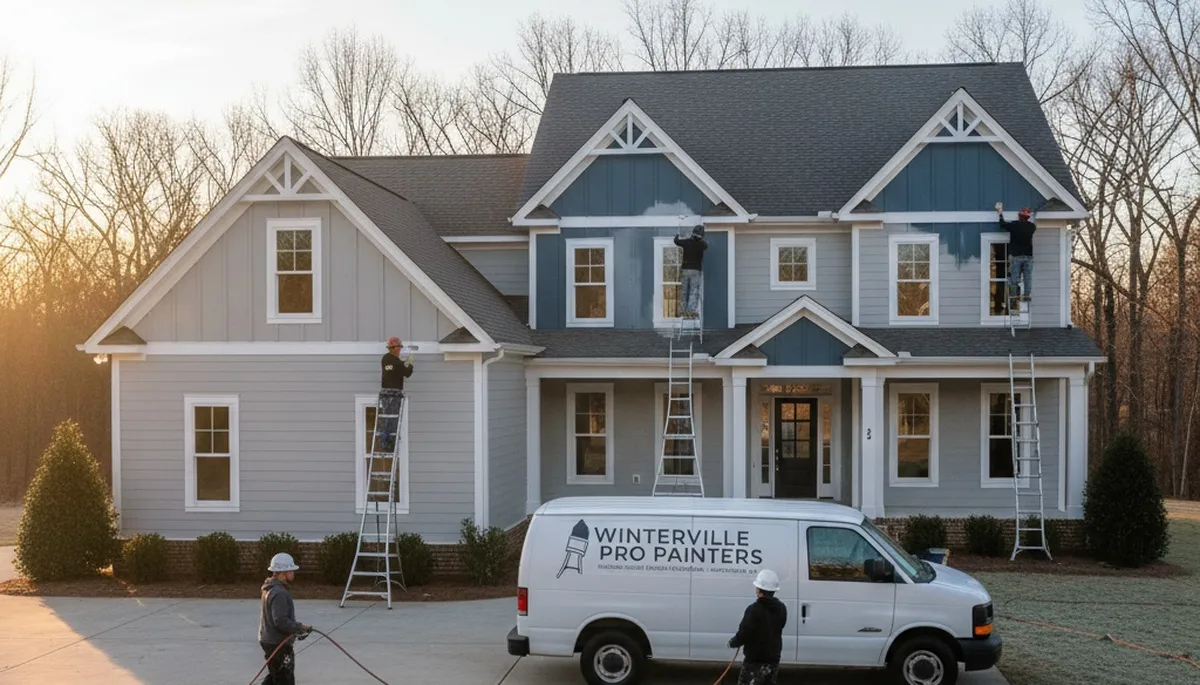 Professional house painters finishing exterior home in Greenville, NC