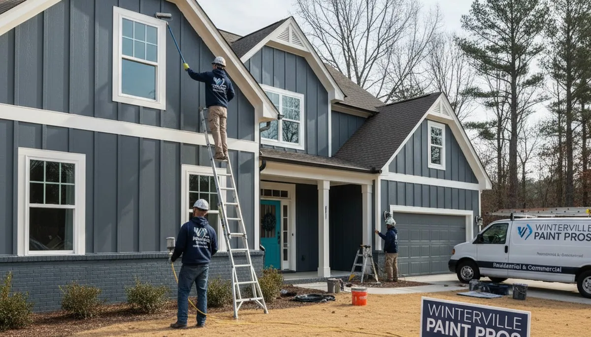 Professional house painters working on exterior home in Greenville NC