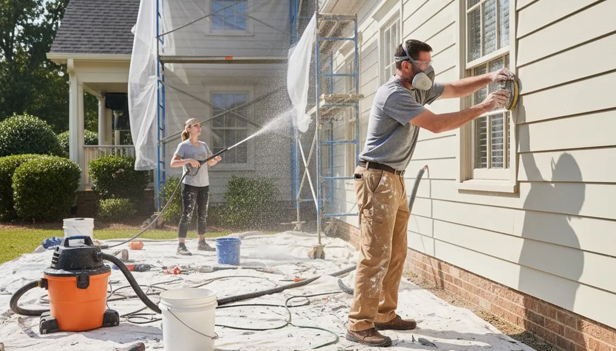 Painter sanding exterior siding for new paint preparation in Greenville, NC home exterior project